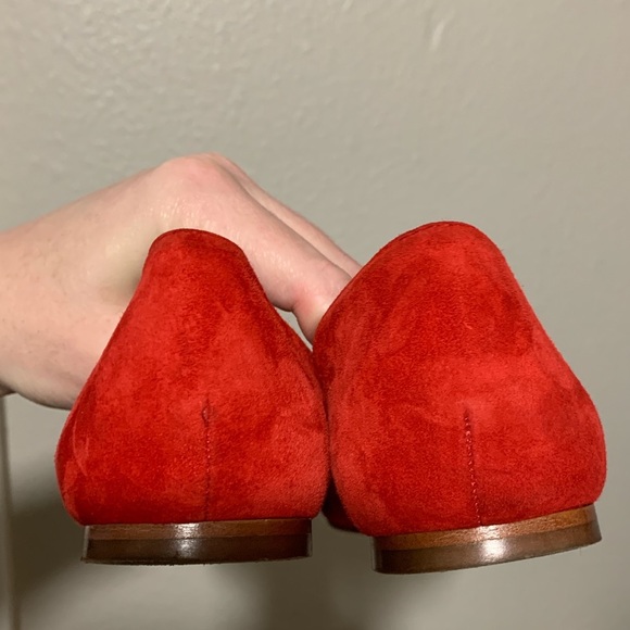 PUBLIC STORAGE TOOK J. CREW bright Red leather pointed Flats Sz 8 fringe suede - Picture 6 of 16